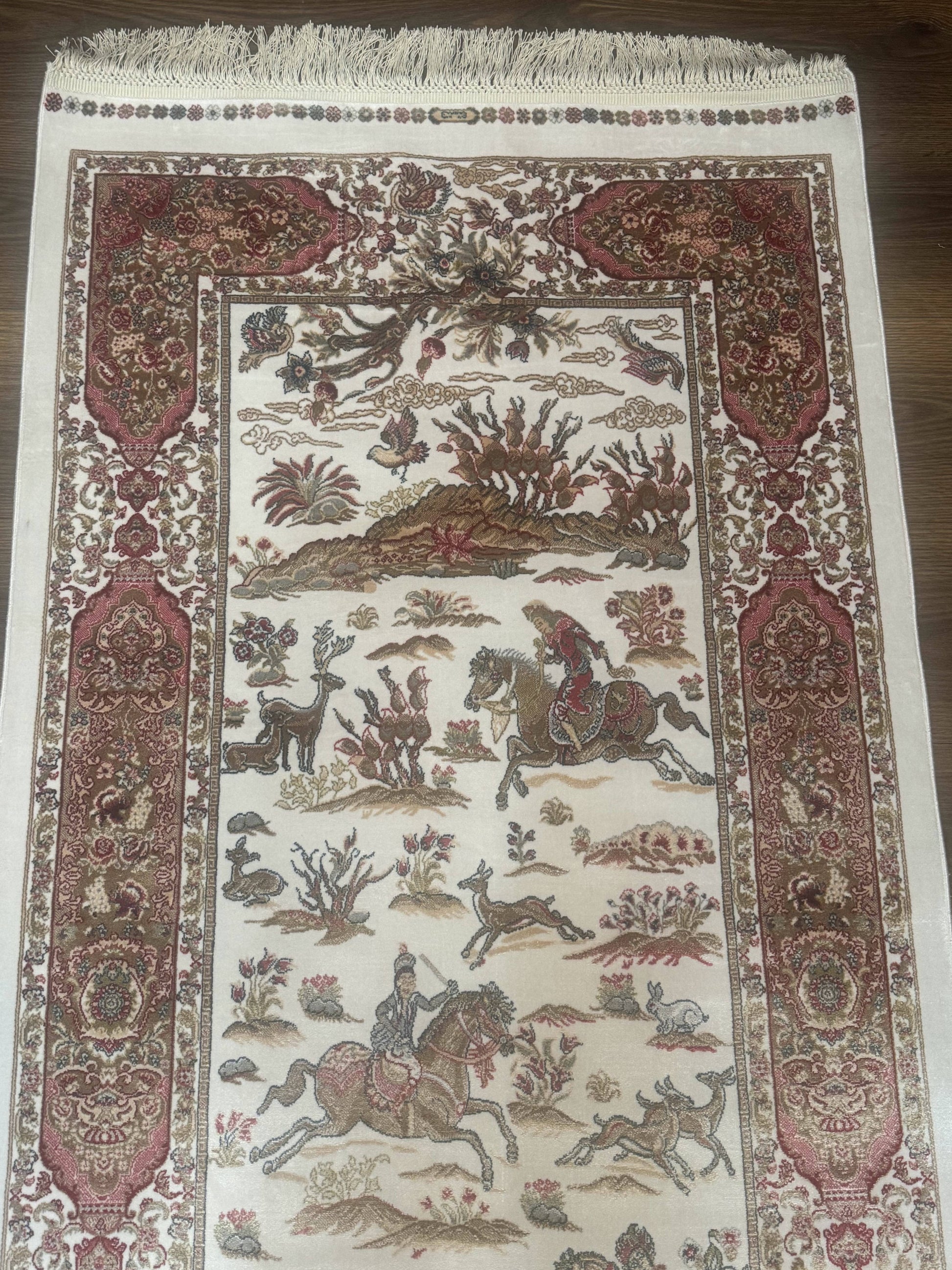 Long Turkish Silk Runner Rug 2.6 x 16.5, Hunting Design, Ivory, Bamboo Silk, New - Nuvé