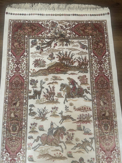 Long Turkish Silk Runner Rug 2.6 x 16.5, Hunting Design, Ivory, Bamboo Silk, New - Nuvé