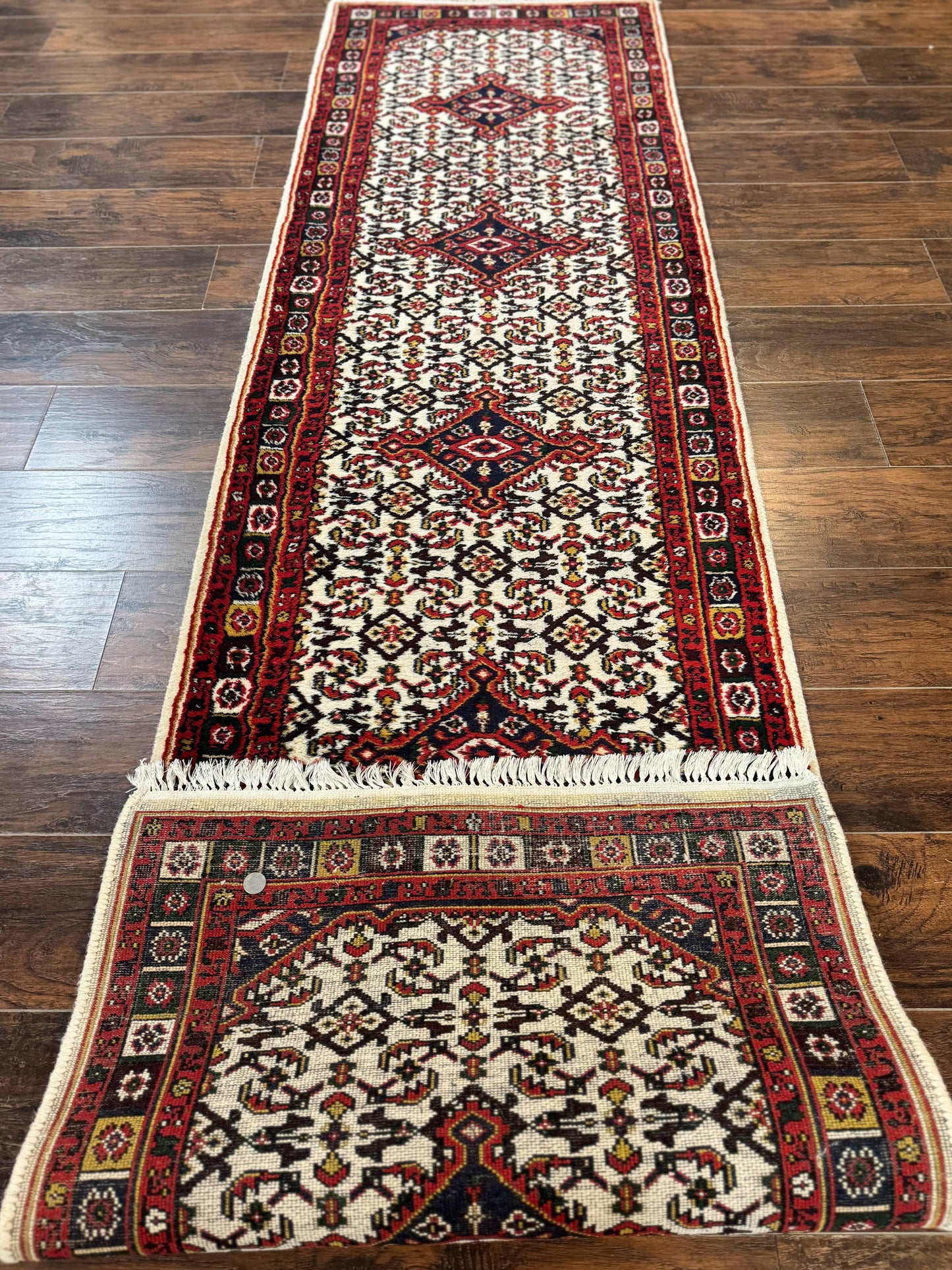 Indo Persian Bidjar Runner Rug 2.8 x 10, Vintage Rug for Hallway, 10ft Runner, Wool Handmade Ivory and Red, Medallions - Nuvé