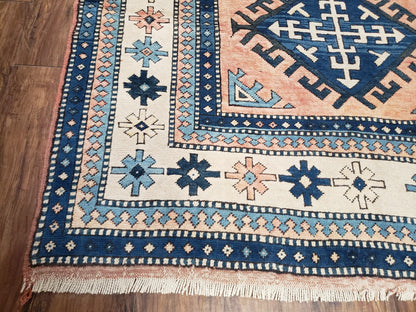 Turkish Kazak Rug 5x8 ft, Bold Geometric Bohemian Carpet, Blue and Ivory Hand Knotted Area Rug, Medium Sized High Quality Wool Oriental Rug - Nuvé