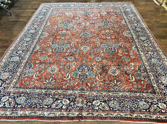 Persian Sarouk Rug 9x12, Red and Dark Blue Floral Allover Antique Persian Carpet, Handmade Wool Qazvin Rug - Nuvé