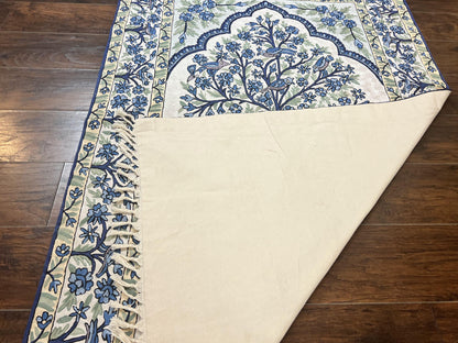 Tree of Life Indian Hand Stitched Rug 4x6, Indian Wall Hanging Rug, Ivory Blue, Silk on Cotton, Vintage - Nuvé