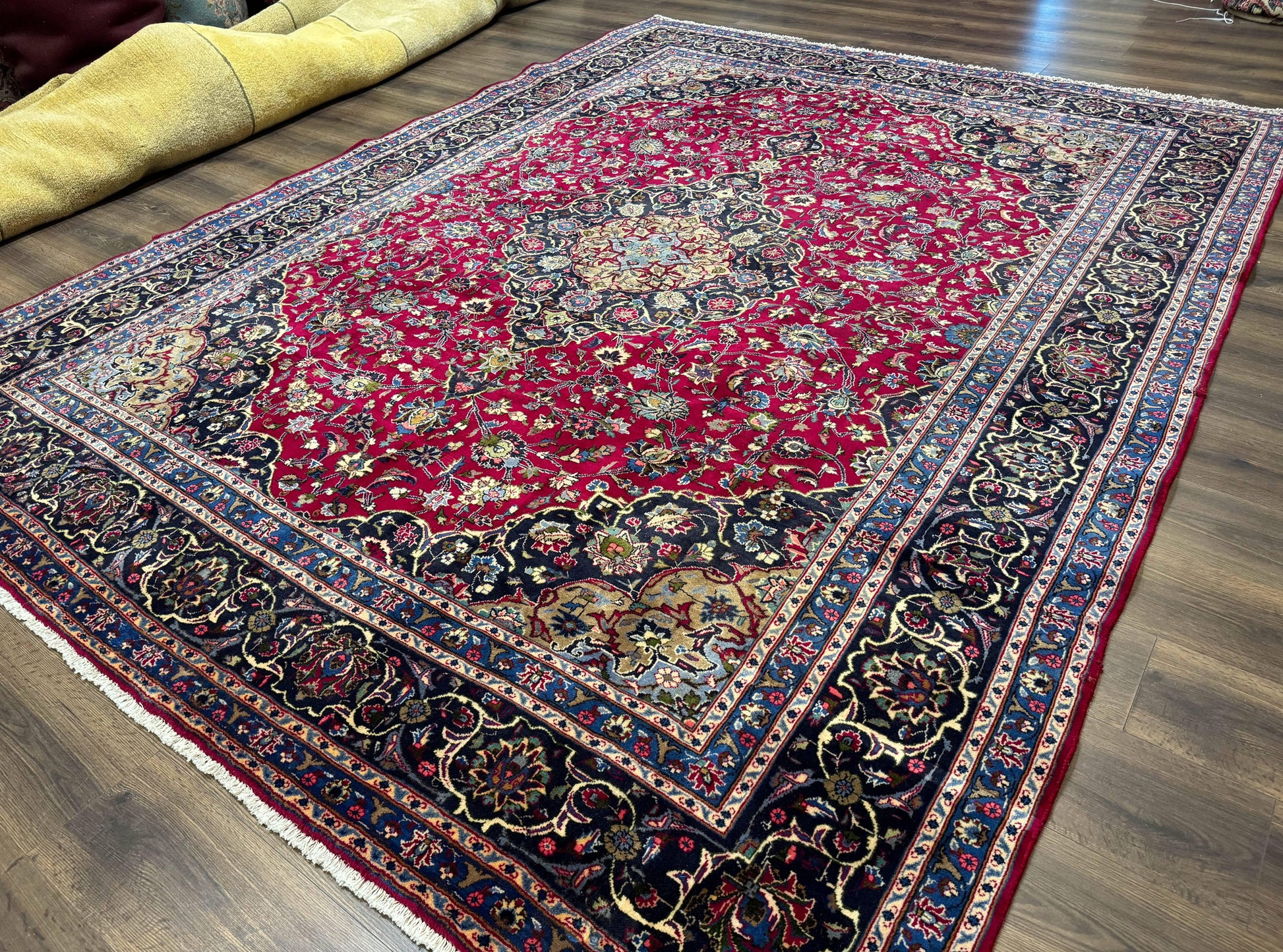 Traditional Persian Rug 8x11, Red Navy Blue, Floral Medallion, Antique Persian Mashad Carpet, Wool - Nuvé