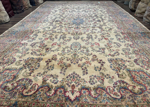 Palace Size Persian Kerman Rug 11x20 ft, Very Fine 340 KPSI, Vintage Oversized Wool Handmade Large Persian Carpet, Beige Light Blue Pink - Nuvé