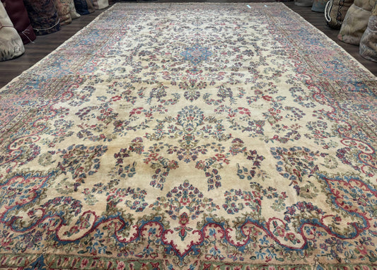 Palace Size Persian Kerman Rug 11x20 ft, Very Fine 340 KPSI, Vintage Oversized Wool Handmade Large Persian Carpet, Beige Light Blue Pink - Nuvé