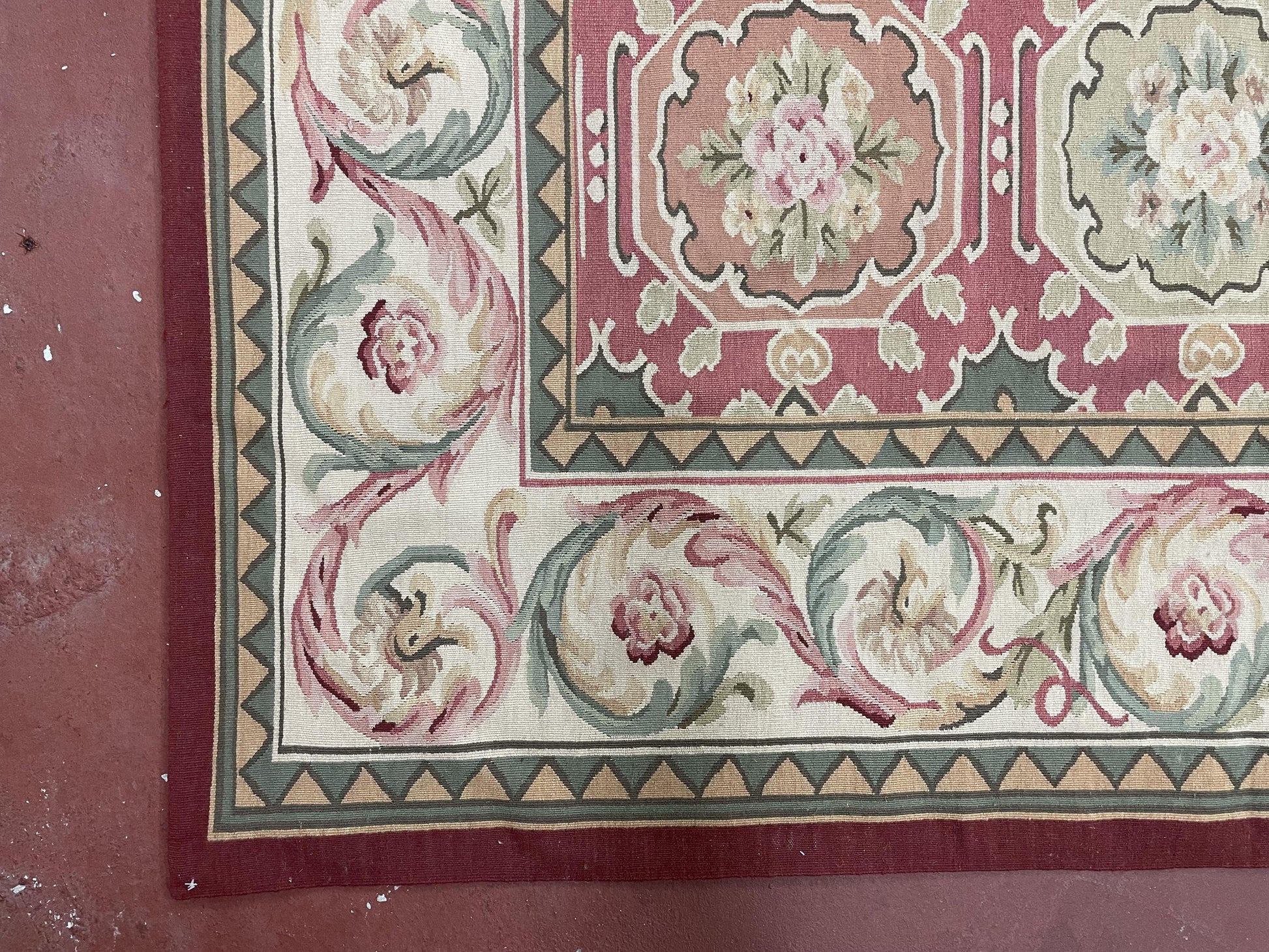 9x9 Square Rug Hand Knotted, Needlepoint Aubusson Carpet, Blush Red, Beige, Green, New, Mint Condition Area Rug, English European Design - Nuvé