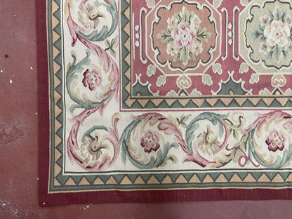 9x9 Square Rug Hand Knotted, Needlepoint Aubusson Carpet, Blush Red, Beige, Green, New, Mint Condition Area Rug, English European Design - Nuvé