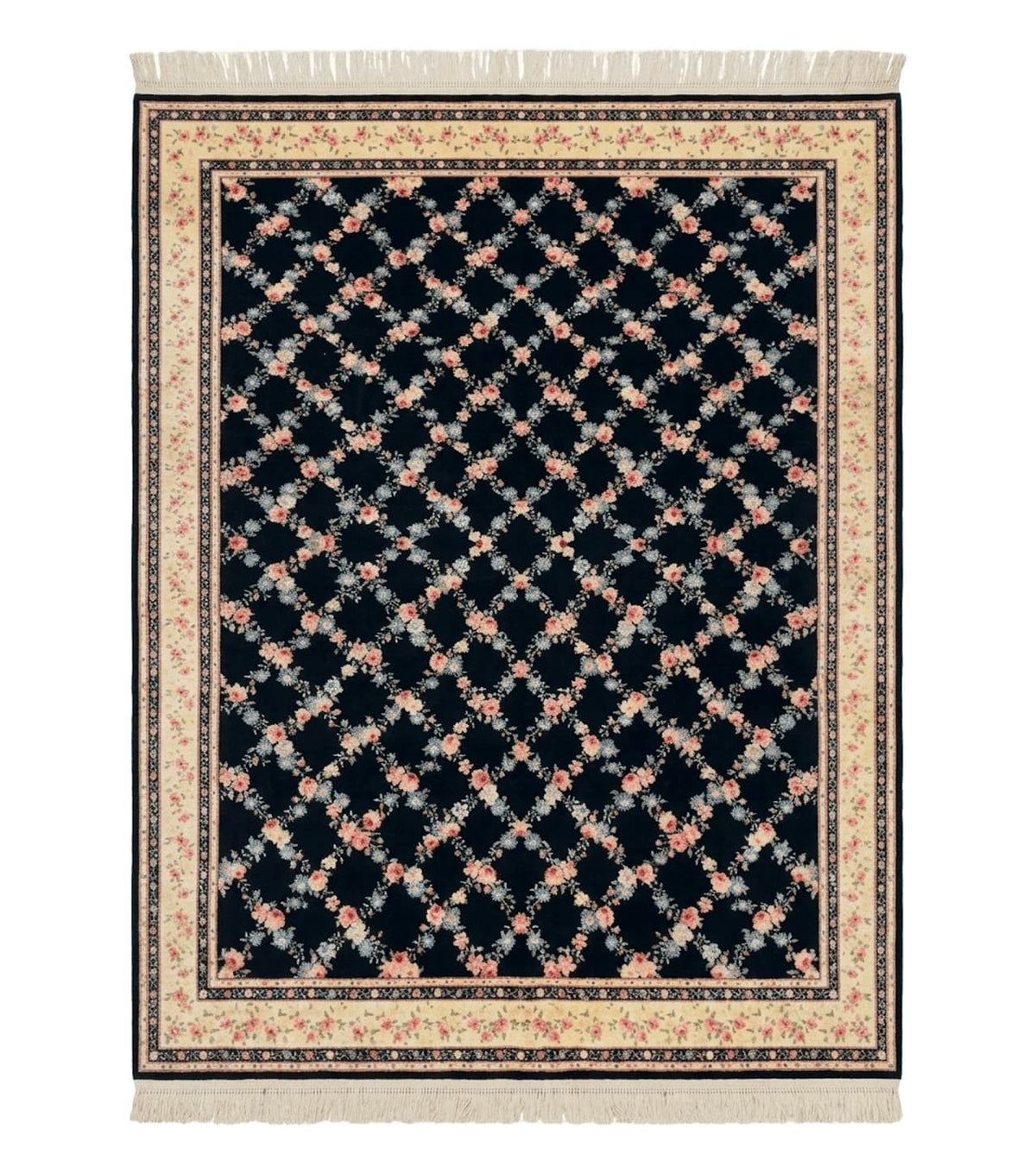 8.8 x 12 Karastan Garden of Eden Rug, Ebony Trellis #509/1270, Black, Floral, Wool Pile, Vintage, Discontinued