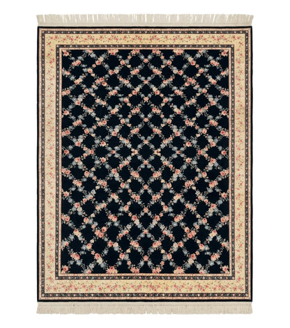 8.8 x 12 Karastan Garden of Eden Rug, Ebony Trellis #509/1270, Black, Floral, Wool Pile, Vintage, Discontinued