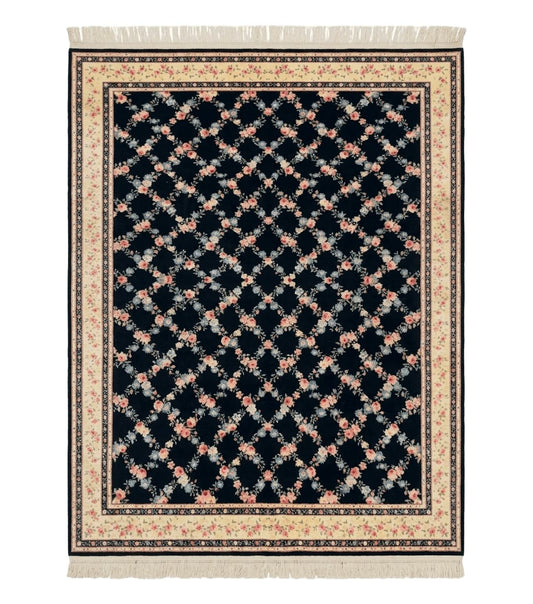 8.8 x 12 Karastan Garden of Eden Rug, Ebony Trellis #509/1270, Black, Floral, Wool Pile, Vintage, Discontinued