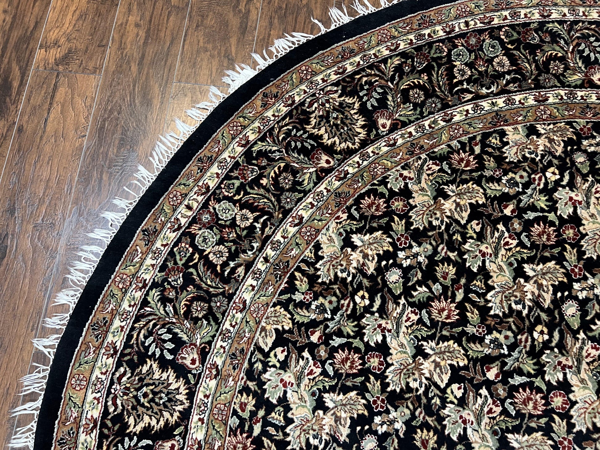Round Oriental Rug 8x8 ft, William Morris Floral Pattern Carpet, 8 x 8 ft Round Rug, Black Cream and Tan 8ft Round Handmade Indo Persian Rug - Nuvé