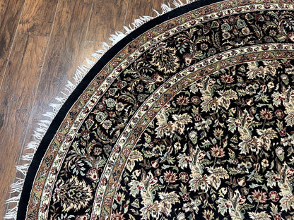 Round Oriental Rug 8x8 ft, William Morris Floral Pattern Carpet, 8 x 8 ft Round Rug, Black Cream and Tan 8ft Round Handmade Indo Persian Rug - Nuvé