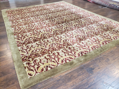 Contemporary Indian Nepalese Room Sized Rug 9 x 11.6, Wool Hand-Knotted Dark Red & Beige Soft Carpet, 9 x 12 Masterloom Living Room Rug - Nuvé