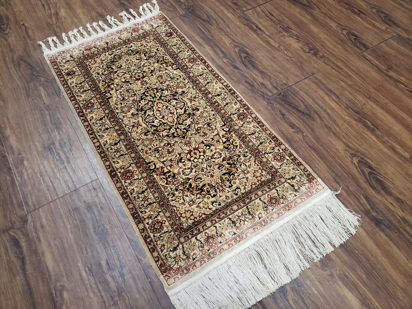 Silk Oriental Rug 1' 7" x 3', Very Fine Silk Carpet, Small Silk Rug, Traditional Floral Medallion, Hand-Knotted Cream Beige Vintage Silk Rug - Nuvé