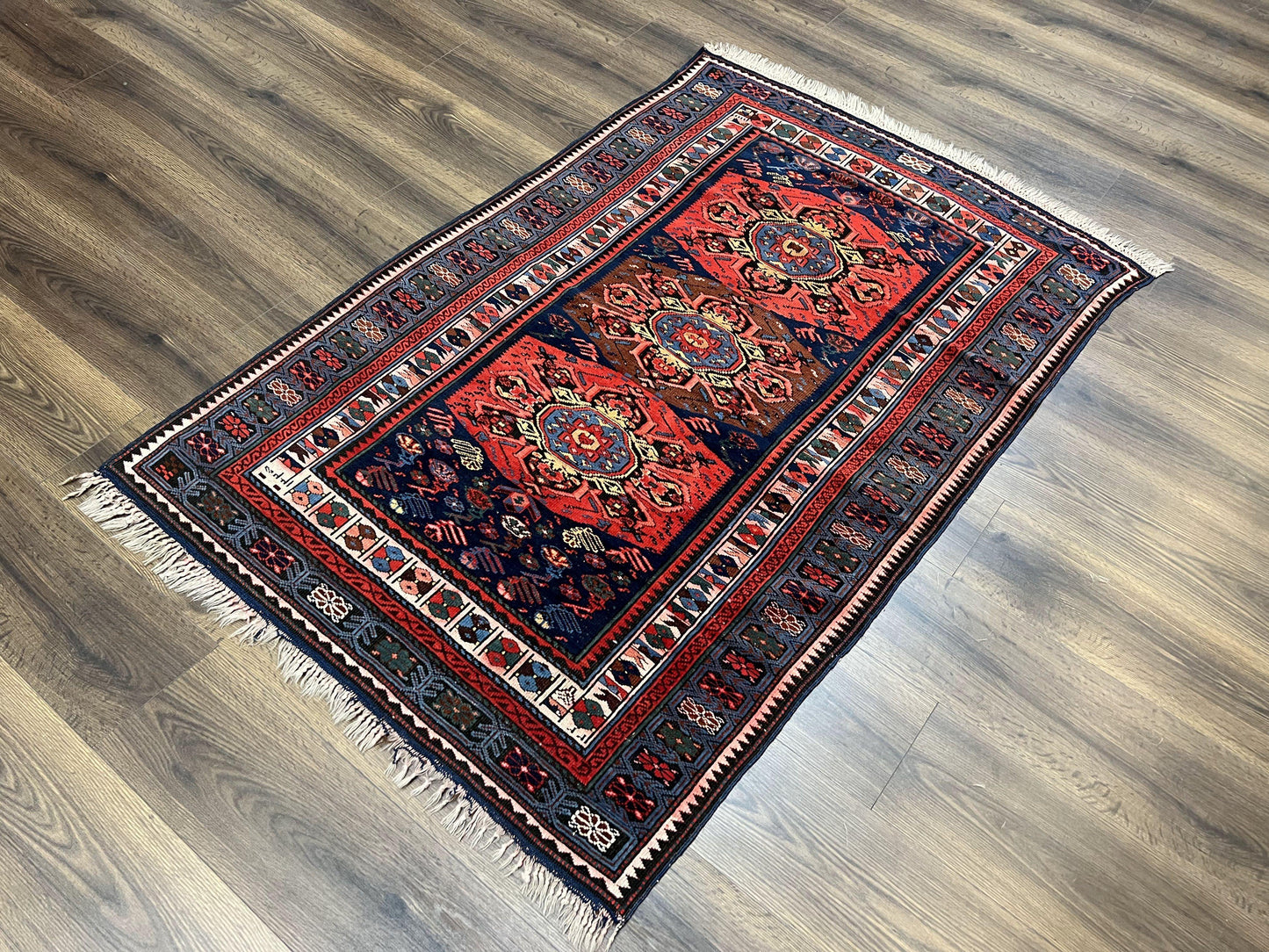 Antique Caucasian Seychour Rug 3.7 x 5.5, Collectible Oriental Carpet, Navy Blue and Red, Fine Kuba Rug, Vintage Rug, Wool Hand Knotted Rug - Nuvé