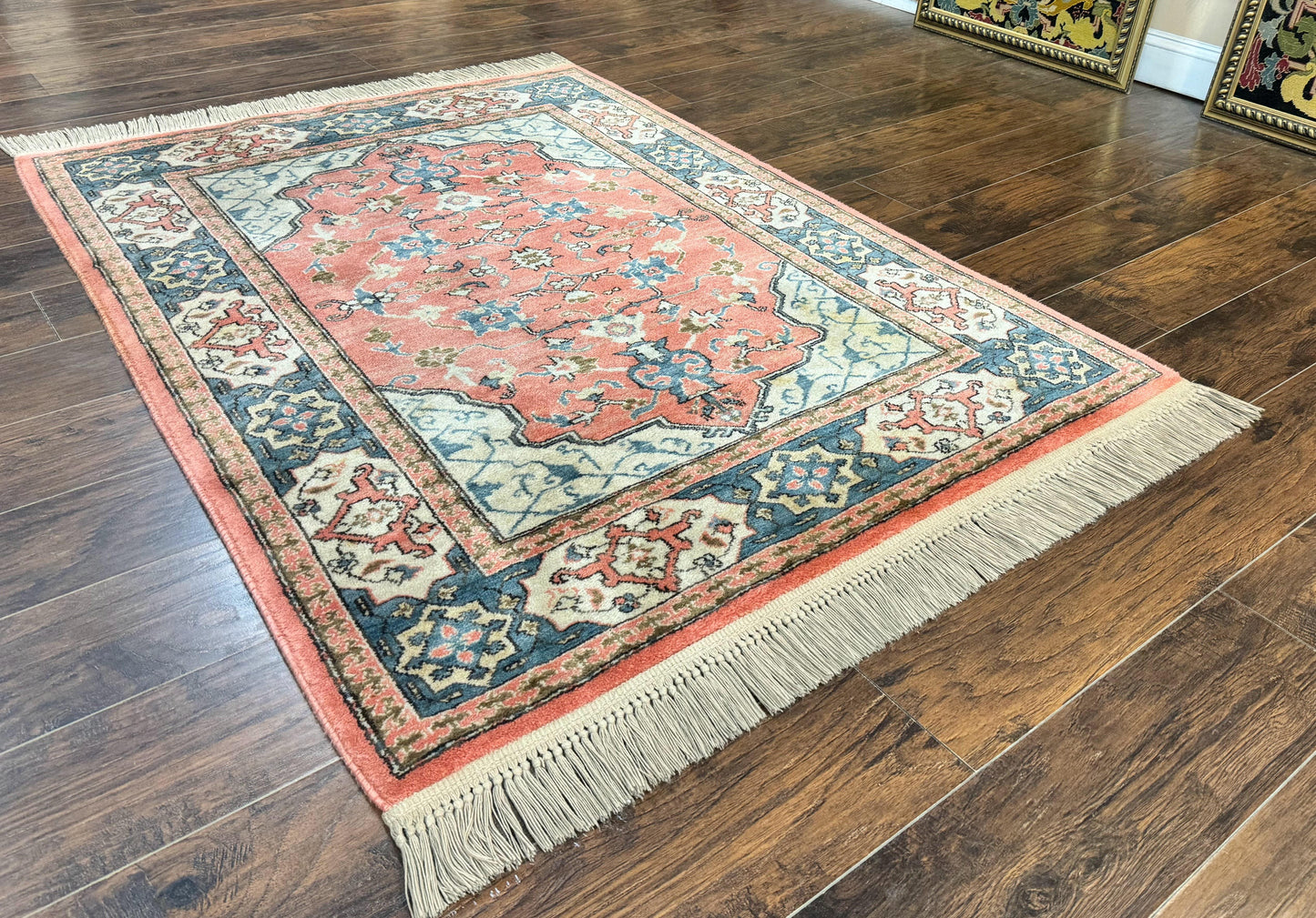 Karastan Rug 4x6 Bergama Design #737, Karastan Area Rug, Vintage Wool Karastan Carpet, Original Collection 700 Series, Salmon Red Light Blue - Nuvé