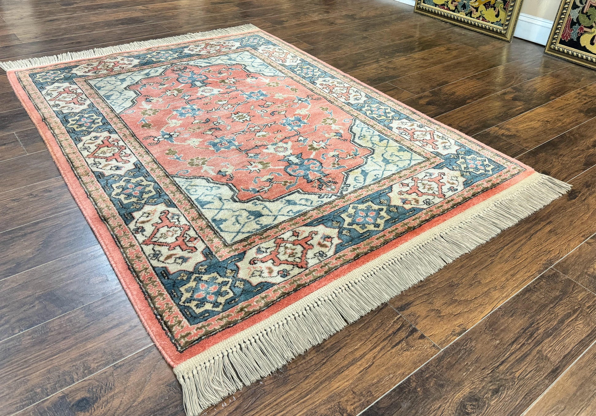 Karastan Rug 4x6 Bergama Design #737, Karastan Area Rug, Vintage Wool Karastan Carpet, Original Collection 700 Series, Salmon Red Light Blue - Nuvé