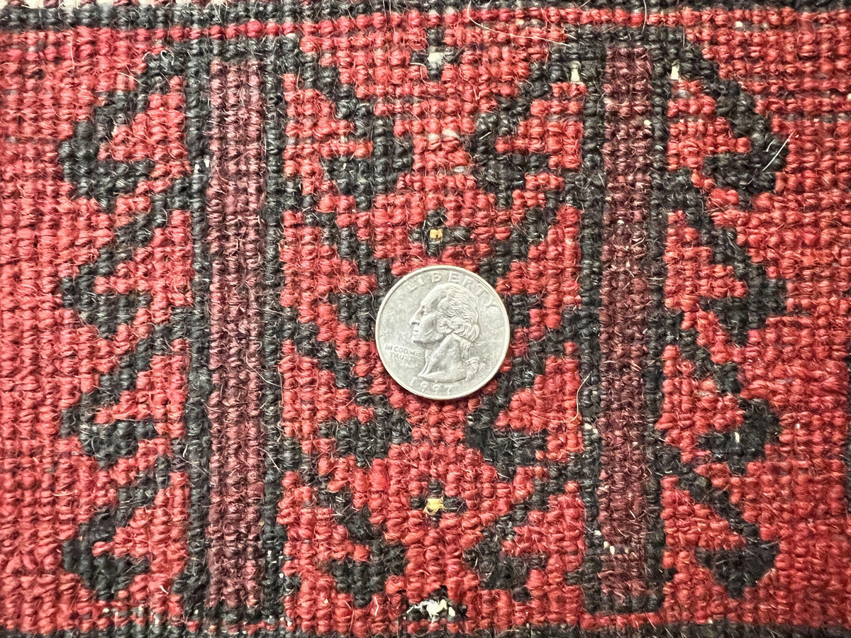 Antique Persian Turkoman Rug 3x6, Wool Tribal Handmade Carpet, Red and Black