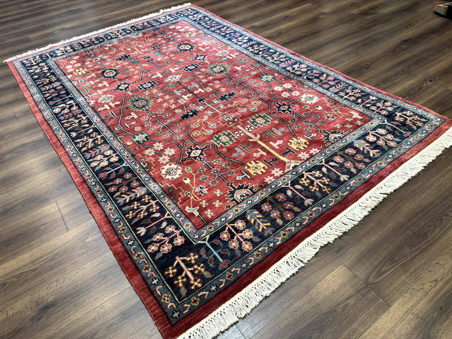 Indo Persian Heriz Serapi Rug 6x8, Rust Red and Navy Blue, Allover Pattern - Nuvé