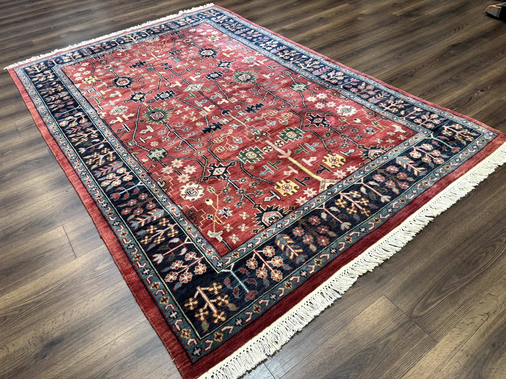 Indo Persian Heriz Serapi Rug 6x8, Rust Red and Navy Blue, Allover Pattern - Nuvé