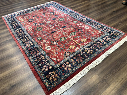 Indo Persian Heriz Serapi Rug 6x8, Rust Red and Navy Blue, Allover Pattern - Nuvé