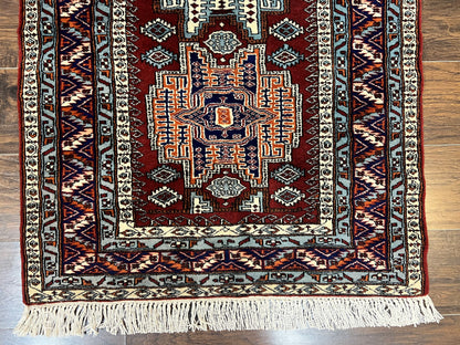 Pakistani Rug 3x5 ft, Caucasian Kazak Design, Geometric Rug, Small Vintage Oriental Carpet, Dark Red Vintage Handmade Wool Rug 3 x 5 - Nuvé