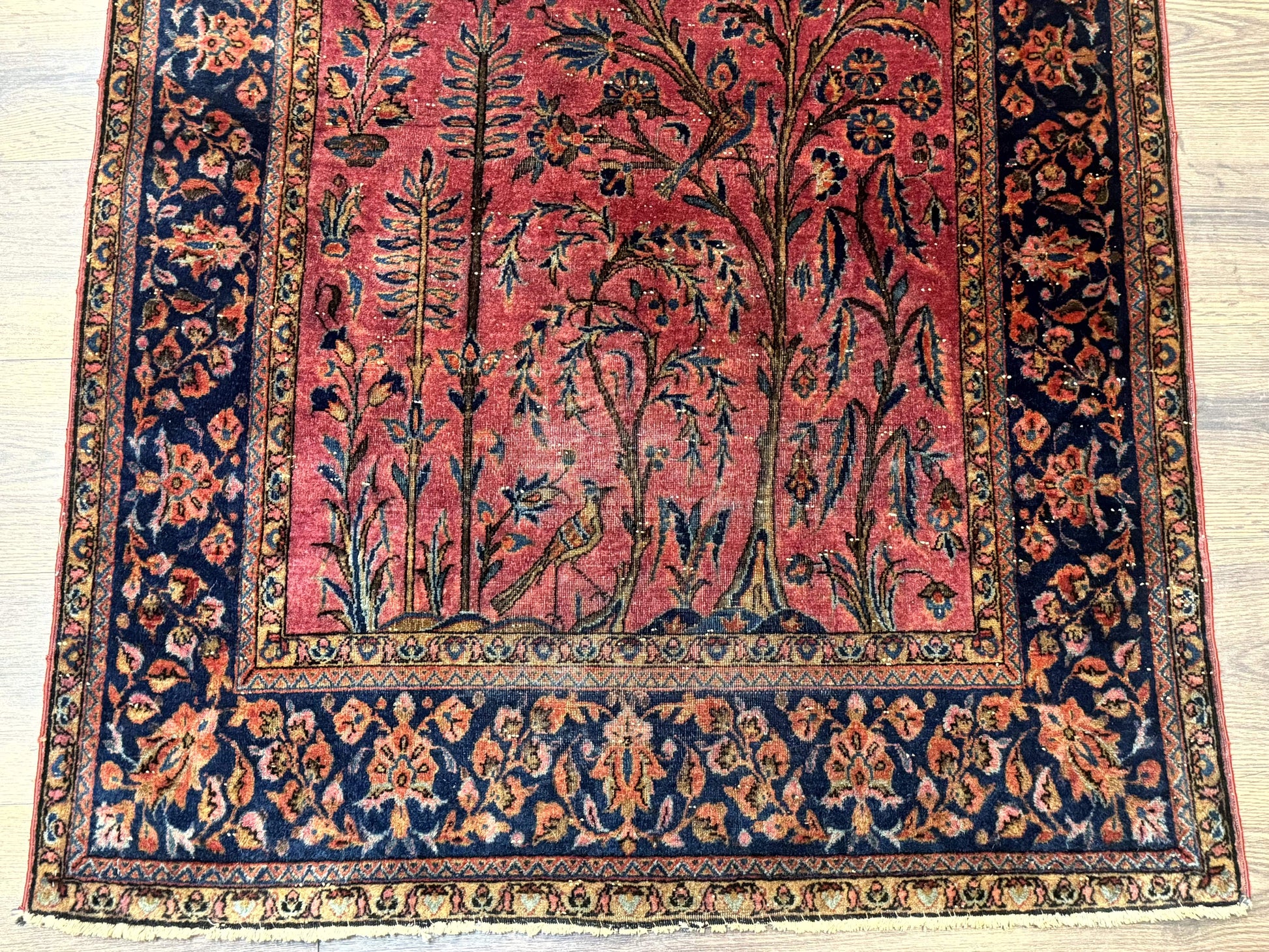 Antique Persian Tree of Life Rug 3x5, Manchester Wool, Bird Pictorials, Fine 240 KPSI, Red Navy Blue - Nuvé