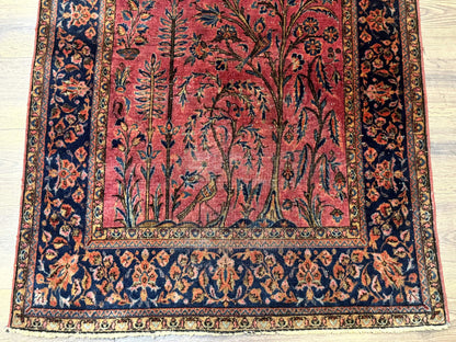 Antique Persian Tree of Life Rug 3x5, Manchester Wool, Bird Pictorials, Fine 240 KPSI, Red Navy Blue - Nuvé