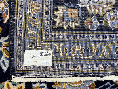 Wonderful Navy Blue Persian Kashan Rug 11x13, Allover Floral Design with Central Medallion, Wool Hand-Knotted Antique Carpet, Signed Rabani Rug - Nuvé
