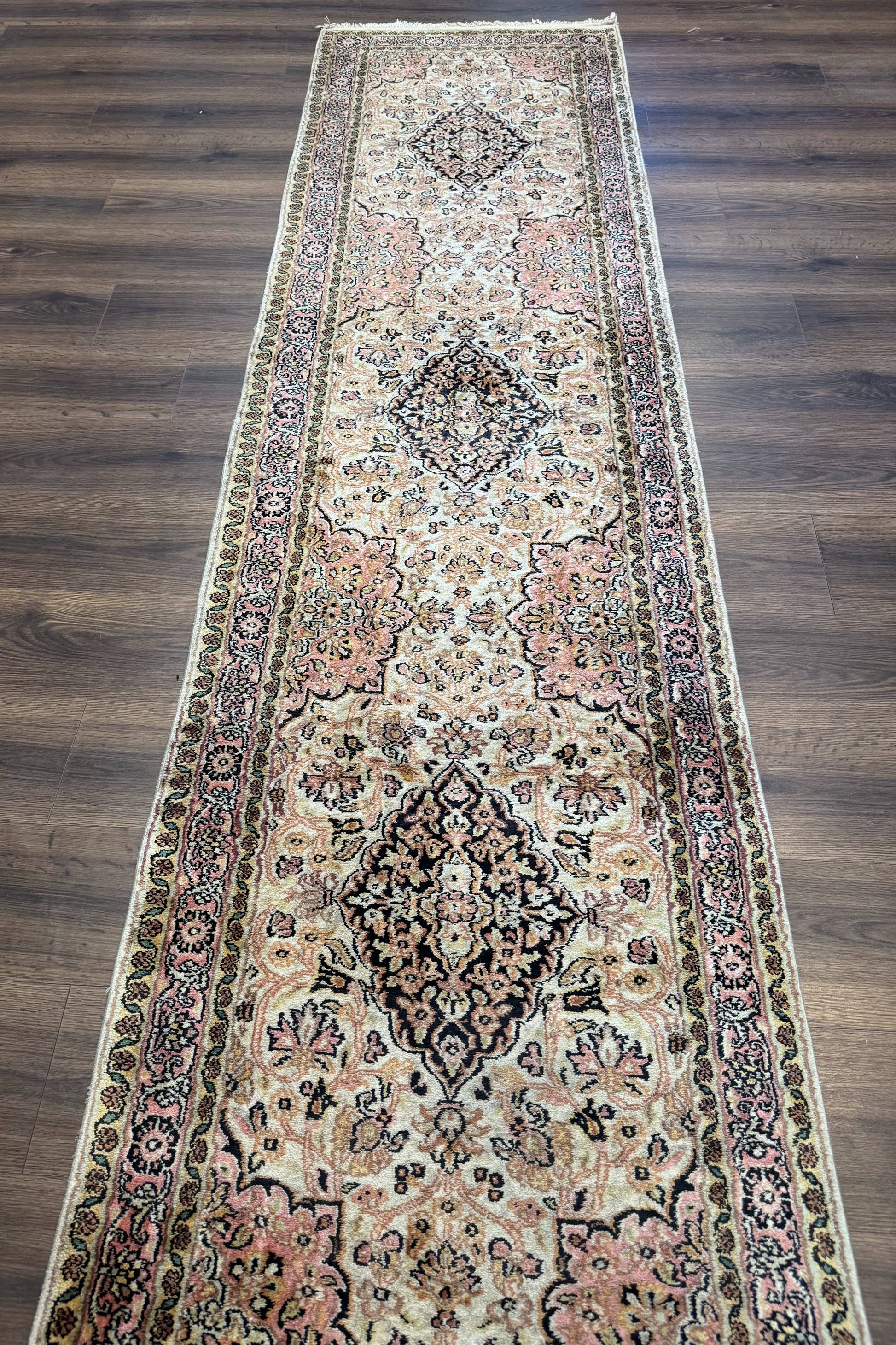 Silk Indian Kashmiri Runner Rug 2.7 x 9.8, Floral Medallions - Nuvé