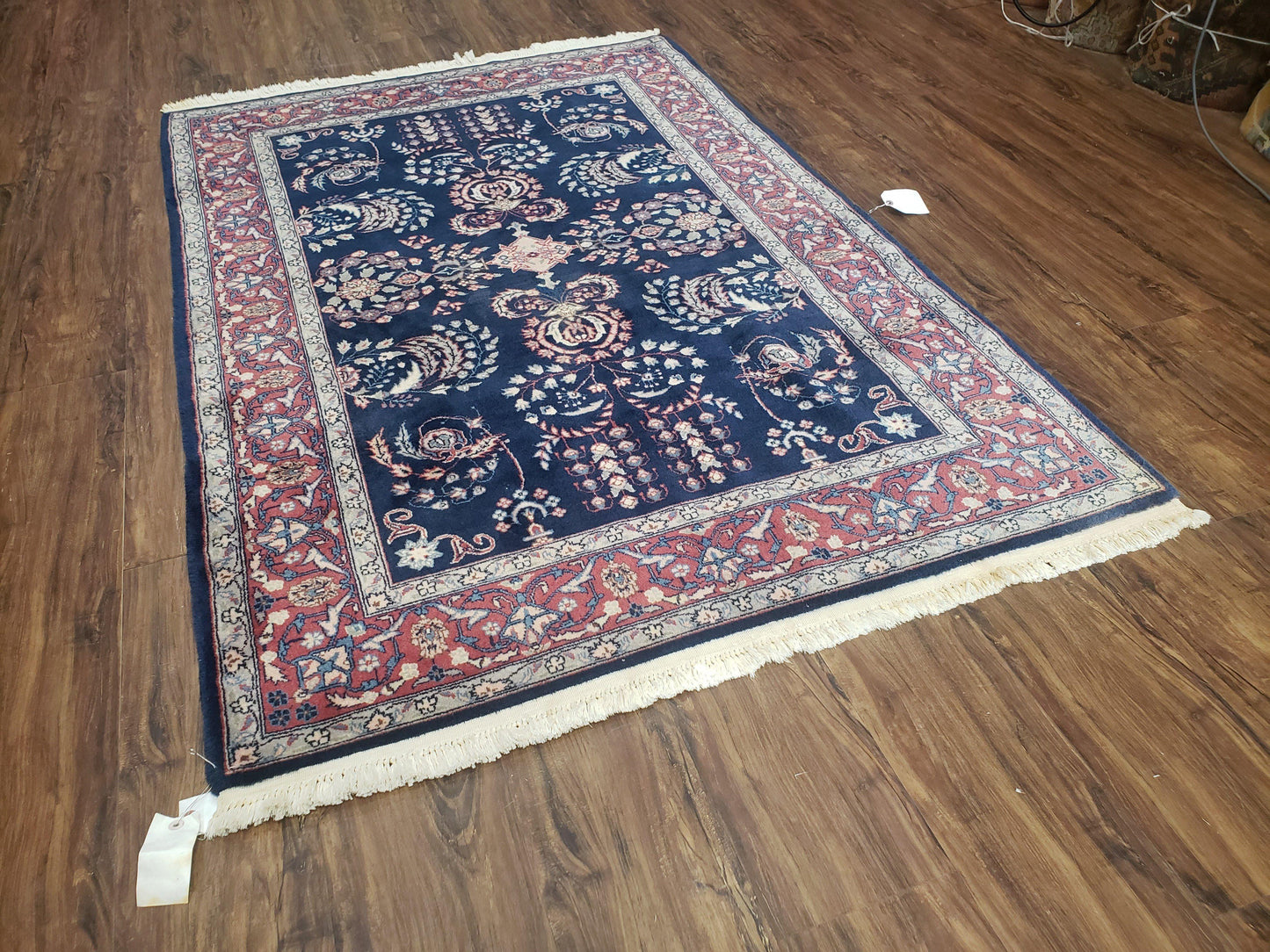 Dark Blue Indo Persian Rug 4x6, Medium Size Hand Knotted Oriental Carpet, Traditional Floral Indian Rug, Blue and Red Entryway Rug, Wool Rug - Nuvé