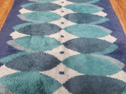 Blue Rya Rug, 1960s Mid-Century Modern Danish Shag Rug 4'6" x 6'7", Ege Rya, Abstract