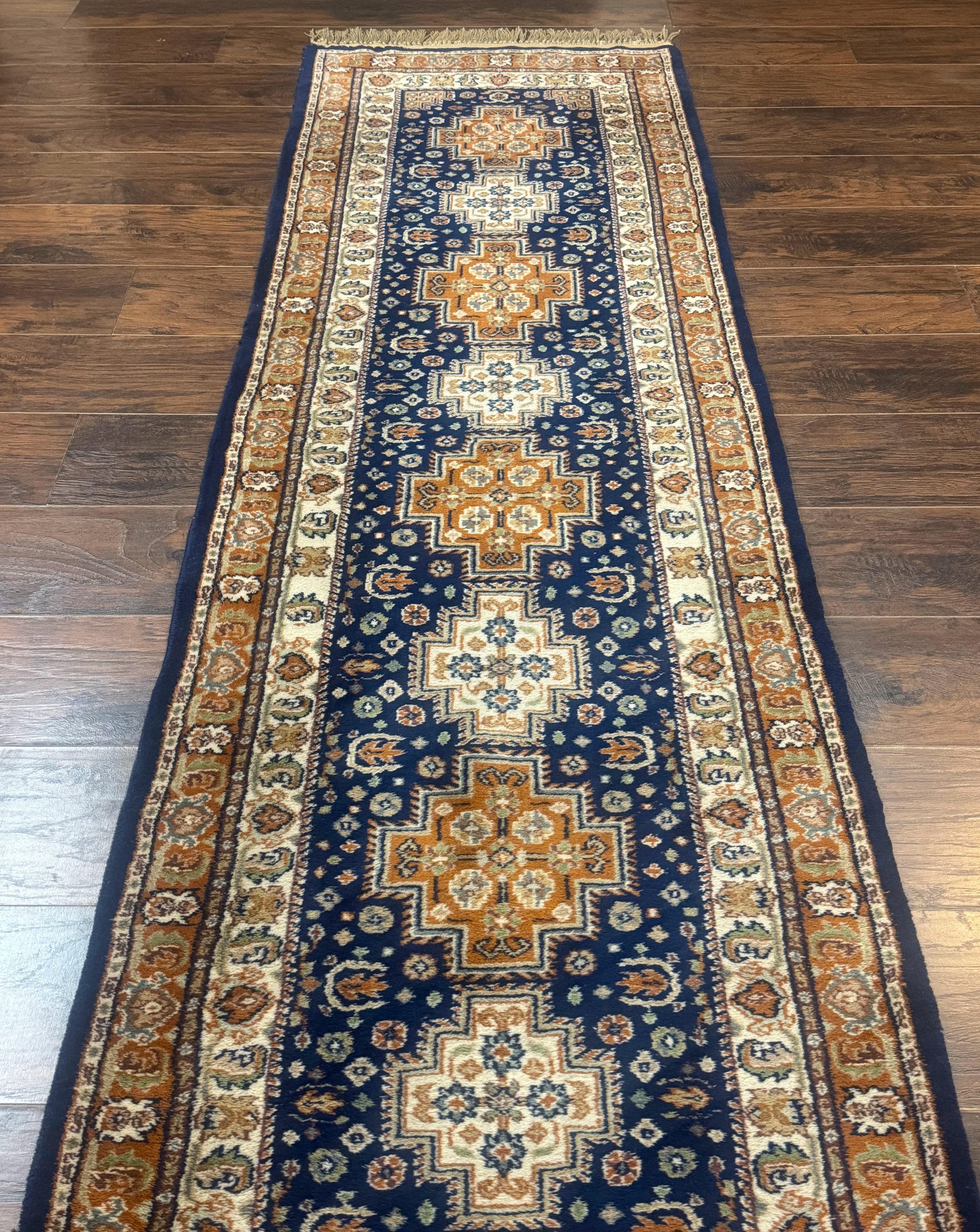 Indo Persian Runner Rug 2.6 x 12.7, Indian Kashmiri Runner for Hallway or Kitchen, Navy Blue, Geometric Medallions, Handmade Wool - Nuvé