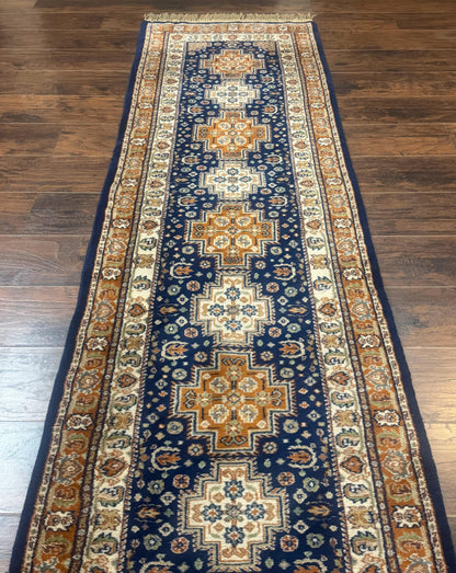 Indo Persian Runner Rug 2.6 x 12.7, Indian Kashmiri Runner for Hallway or Kitchen, Navy Blue, Geometric Medallions, Handmade Wool - Nuvé