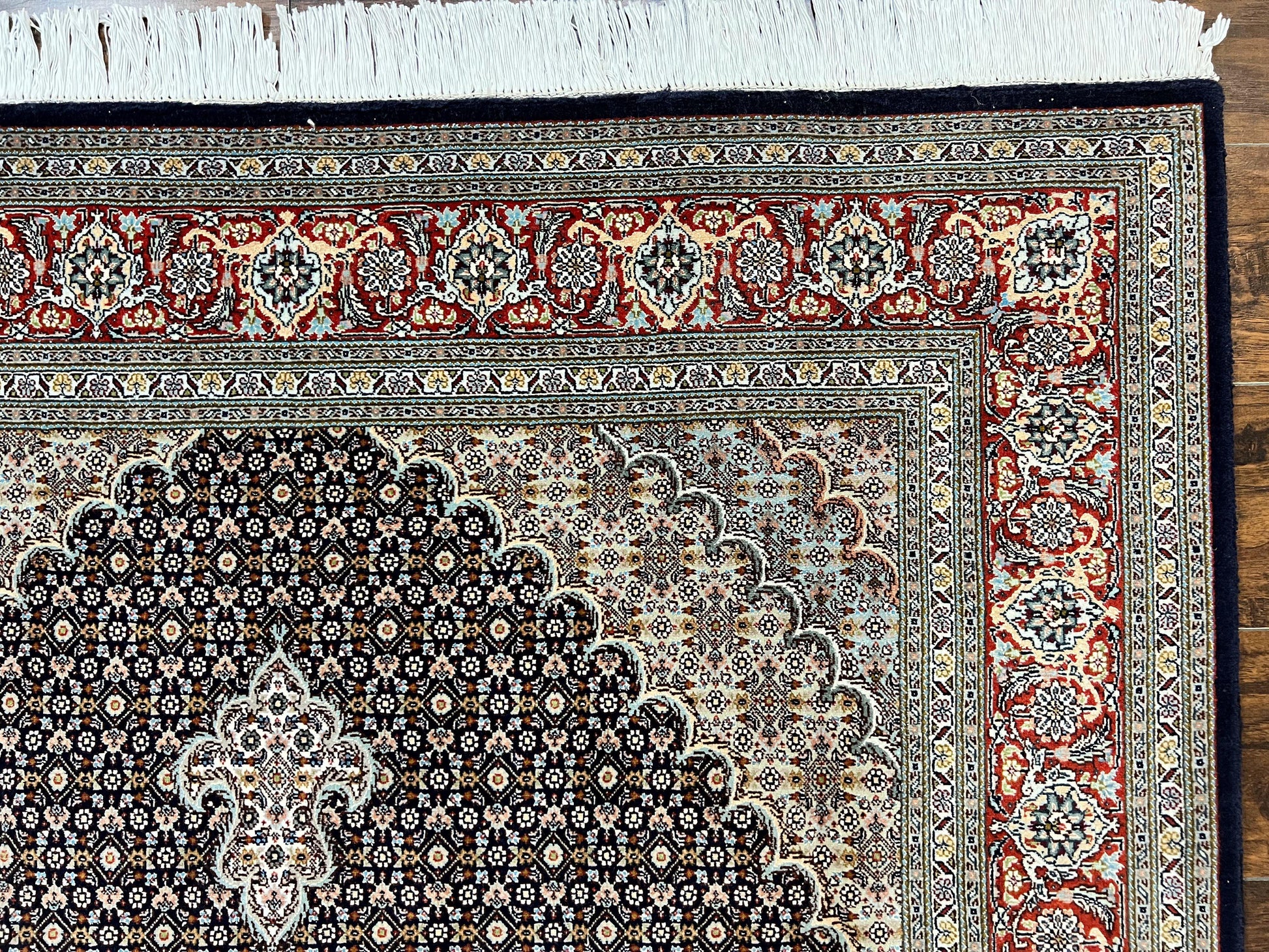 Persian Tabriz Rug 5x7, Wool with Silk Highlights, Hand Knotted Vintage Oriental Carpet, Very Fine, Herati Mahi Pattern, Black, Rare - Nuvé