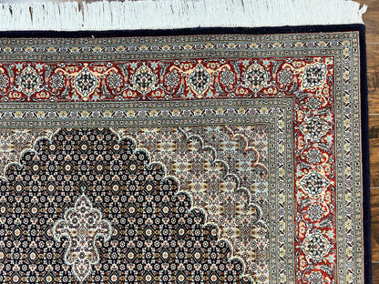 Persian Tabriz Rug 5x7, Wool with Silk Highlights, Hand Knotted Vintage Oriental Carpet, Very Fine, Herati Mahi Pattern, Black, Rare - Nuvé