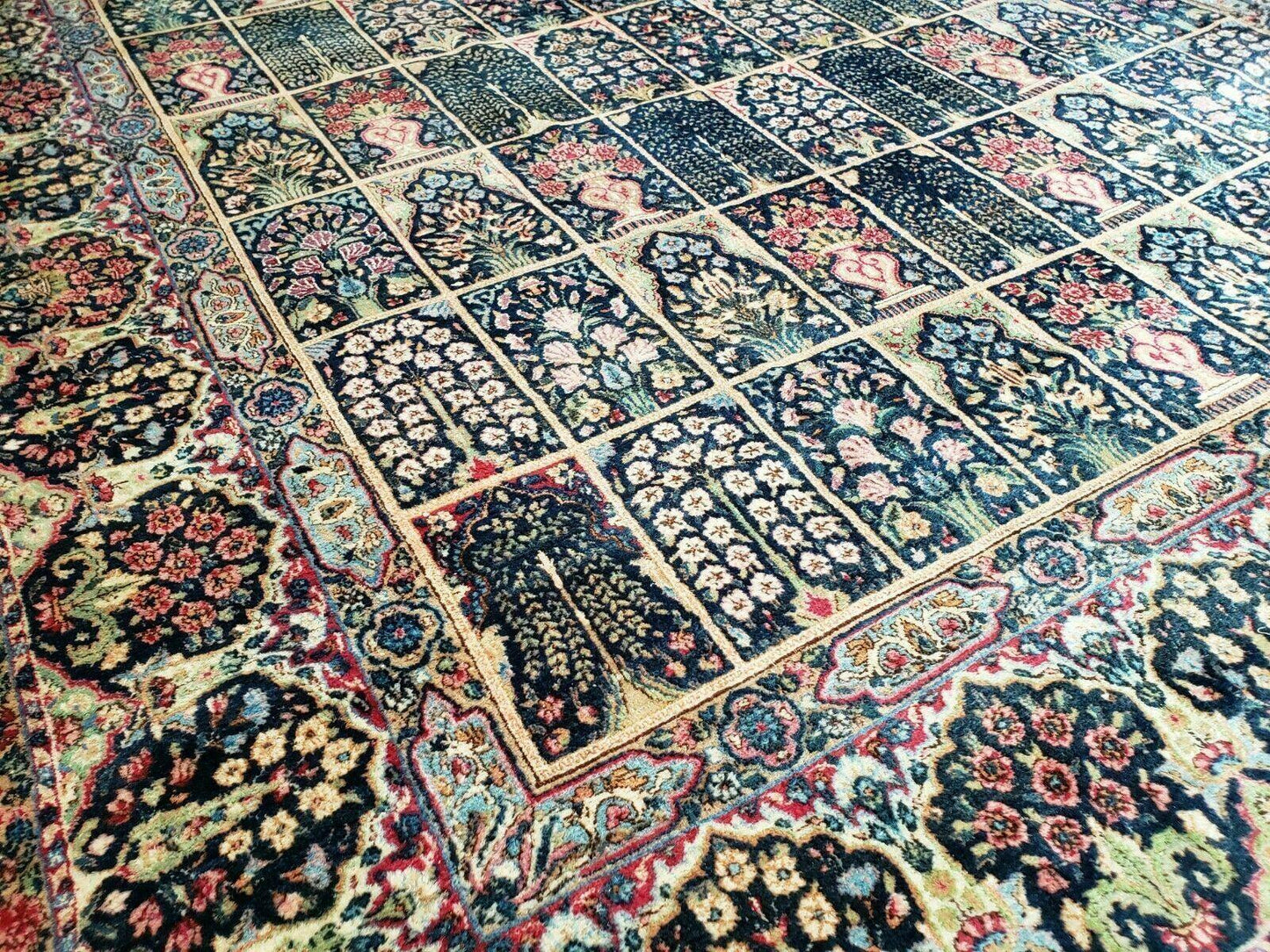 Persian Rug 10x15, Authentic Oriental Carpet 10 x 15, Wool Area Rug Panel Design Hand-Knotted Vintage Kirman Yazd Rug, Dark Blue and Beige,  Floral - Nuvé