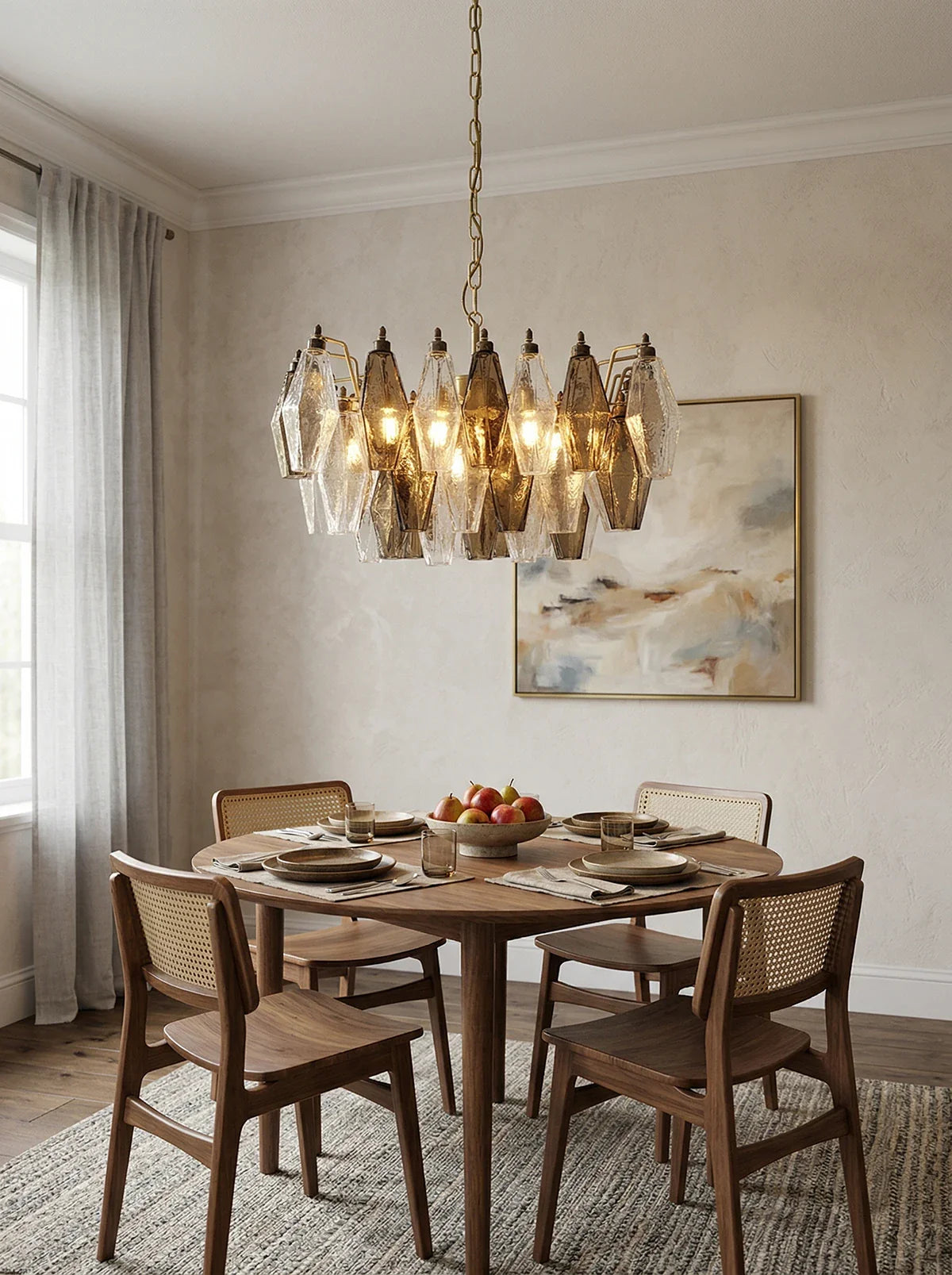 Elegant Murano glass chandelier featuring transparent and smoked glass Poliedri design by korewolamp, showcasing intricate glass craftsmanship.