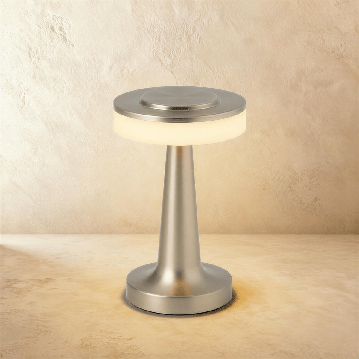 Ellen Rechargeable Table Lamp by Residence Supply with modern white shade and sleek base, illuminated on a wooden surface.