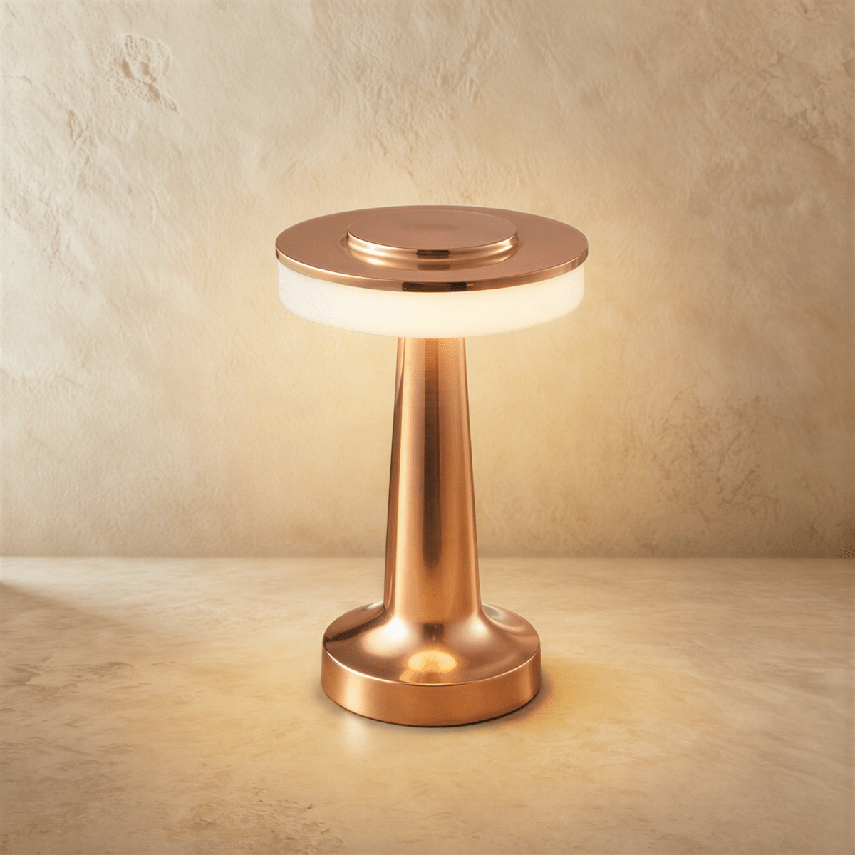 Ellen Rechargeable Table Lamp by Residence Supply with a sleek modern design and a glowing light on a wooden surface.