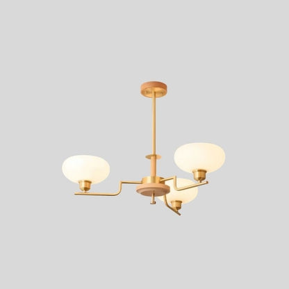 Eronix brass and wood chandelier with three glass lights hanging from a modern design fixture.