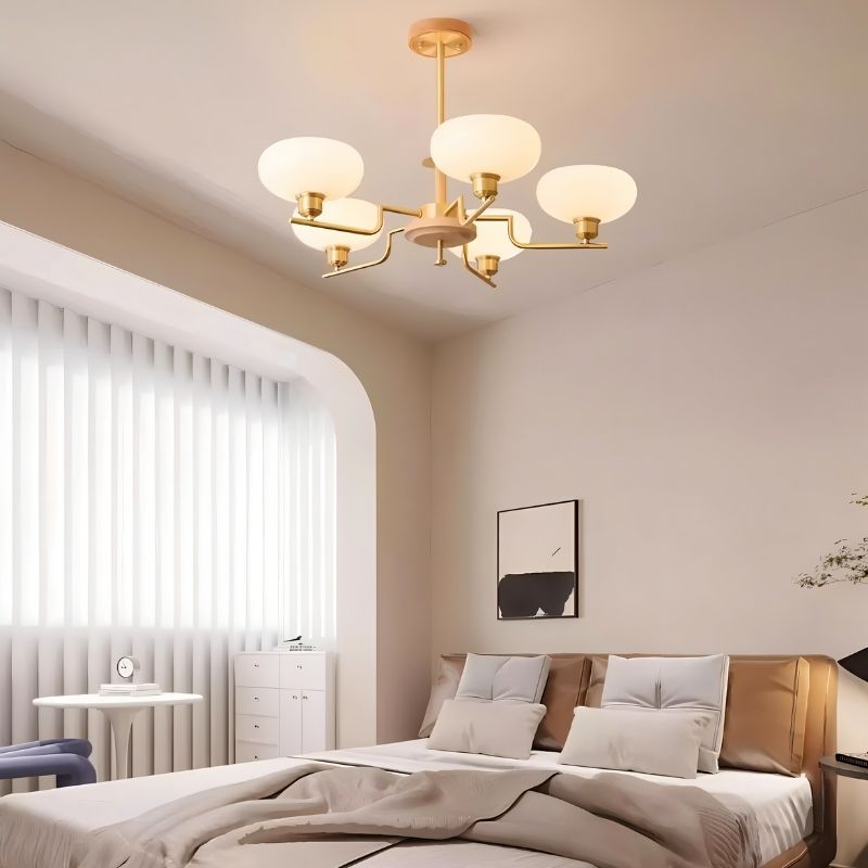 Eronix Brass and Wood Chandelier with Glass accents, modern bedroom lighting fixture by Residence Supply