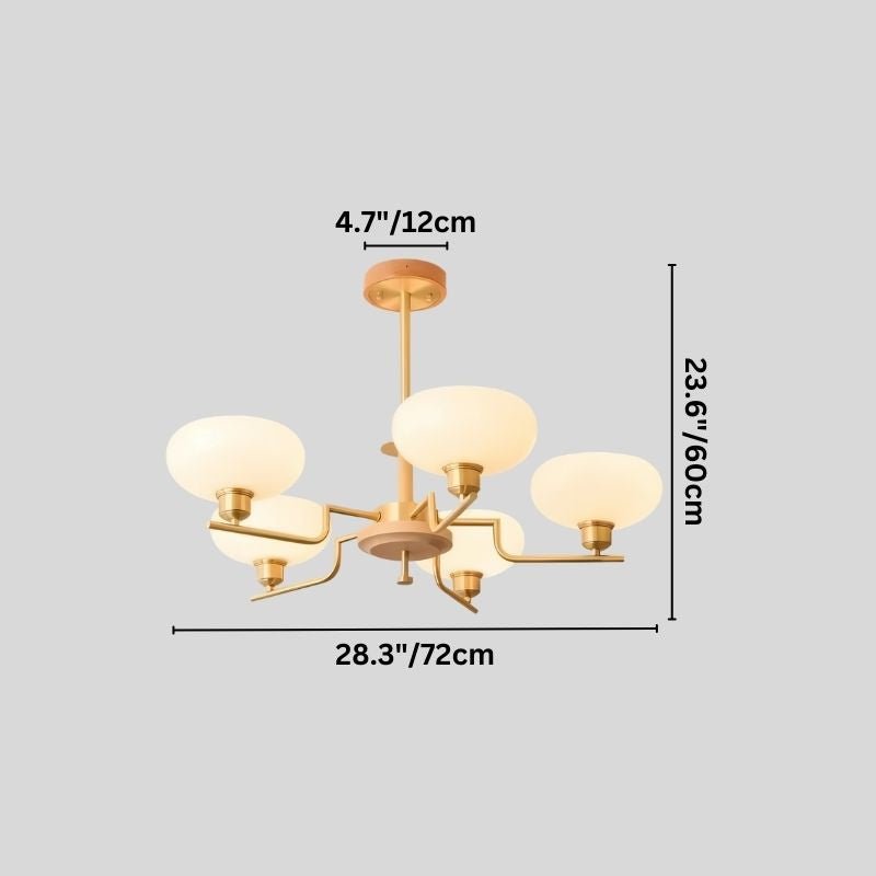 Eronix chandelier by Residence Supply featuring brass, wood, and glass with five lights hanging in a modern design.