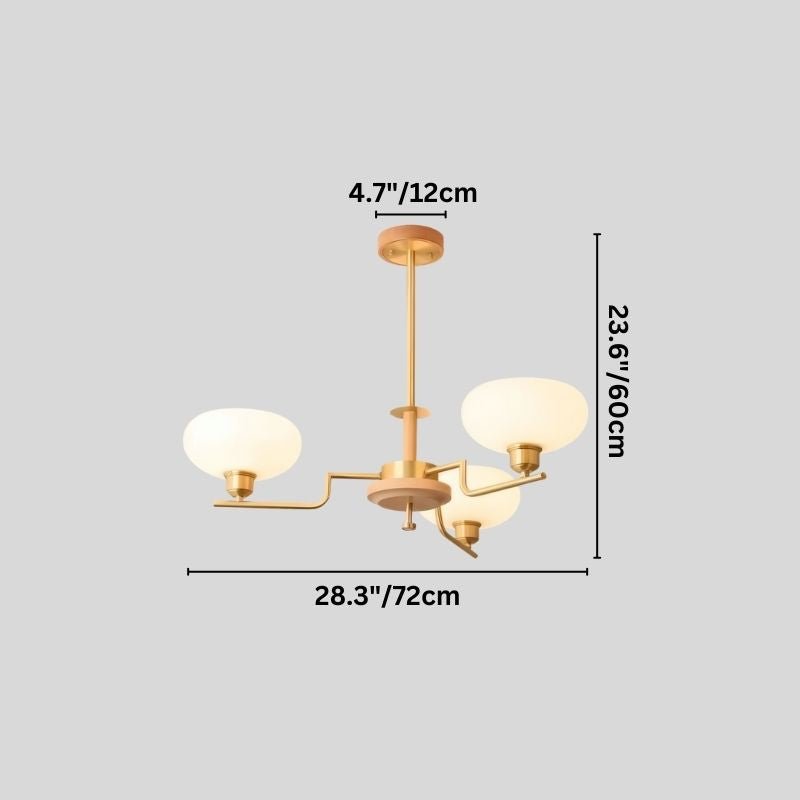 Eronix Chandelier by Residence Supply featuring brass, wood, and glass elements with a modern design and dimensions.