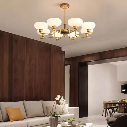 Eronix brass and wood chandelier with glass accents, ideal for living or dining room lighting.