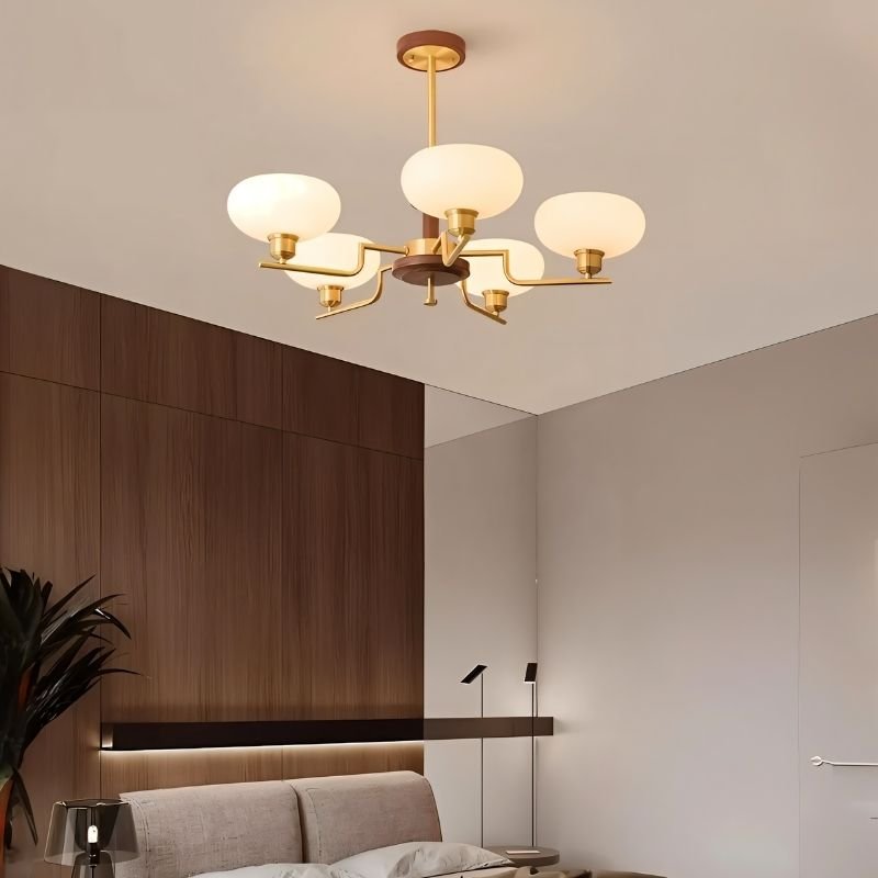 Eronix Brass and Wood Chandelier with Glass accents, modern lighting fixture featuring a stylish design from Residence Supply.