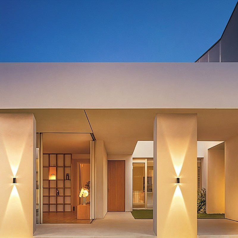 Exterior residence supply outdoor wall lamp with black metal finish and clear glass panels for outdoor lighting.