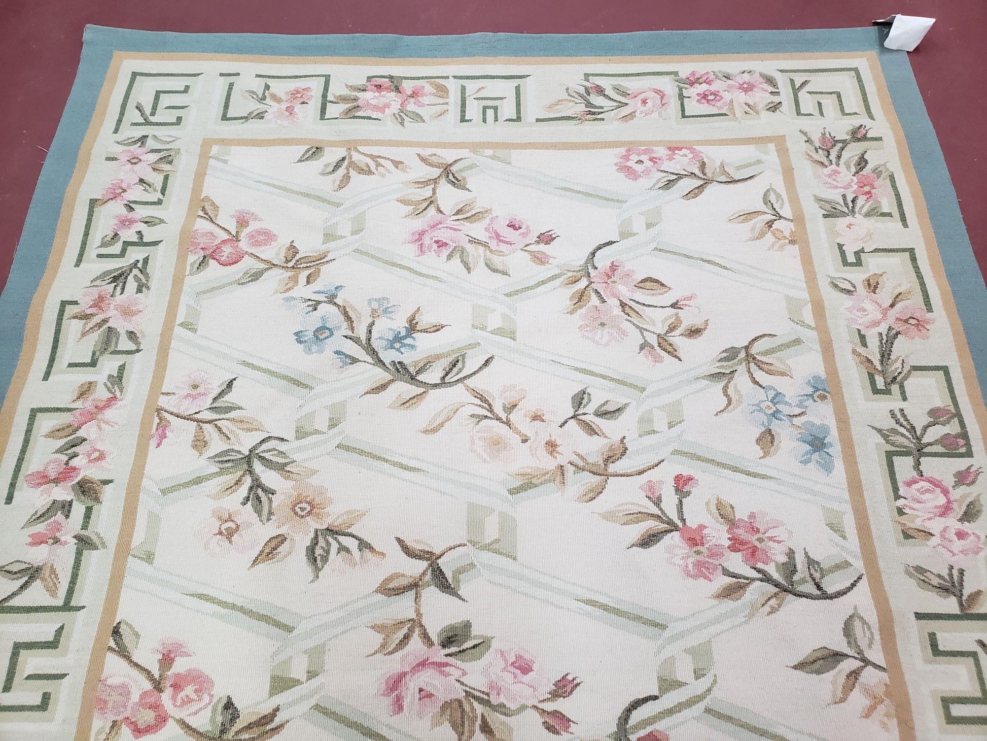 Vintage Aubusson Area Rug, Aubusson Flat weave Carpet, Floral Geometric Pattern, Beige Teal Green, 4x6 Rug, European Design - Nuvé