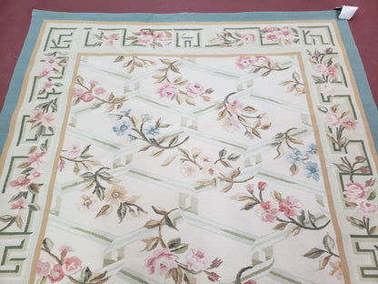 Vintage Aubusson Area Rug, Aubusson Flat weave Carpet, Floral Geometric Pattern, Beige Teal Green, 4x6 Rug, European Design - Nuvé
