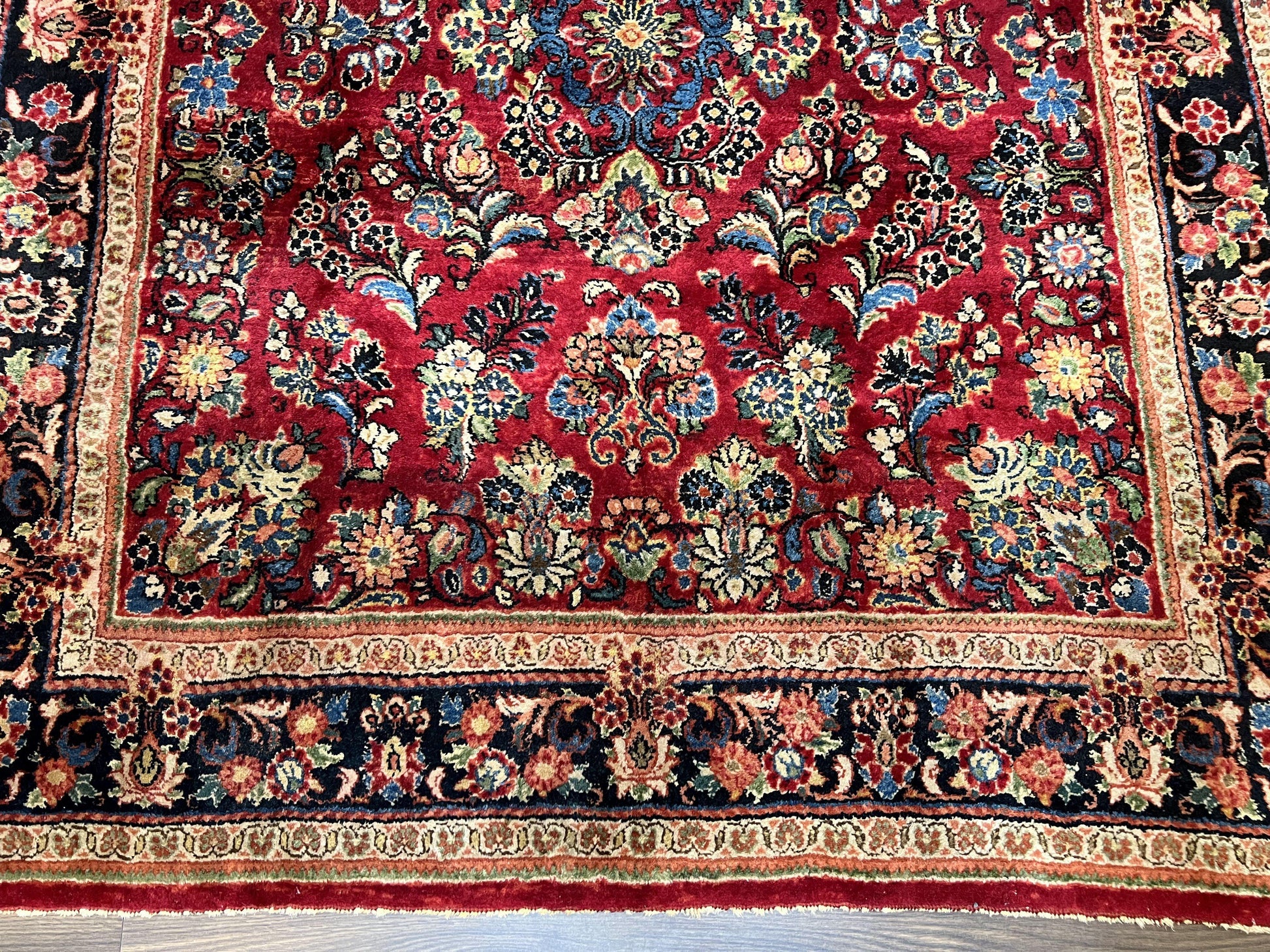 Rare Persian Almost Square Rug 6.3 x 5.3, Hand Knotted Wool Antique 1920s Sarouk Oriental Carpet, Red Navy Blue Beige, Floral Allover, 5x6 Area Rug - Nuvé